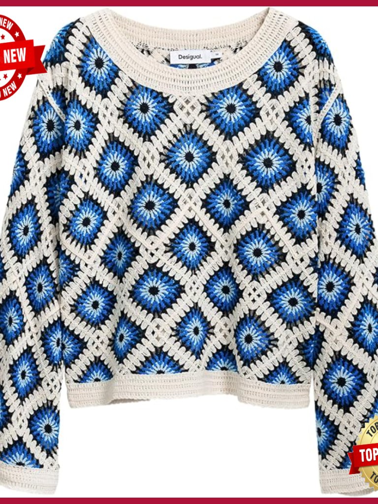 Crochet Sweater Pullover Long Sleeve Crew Neck